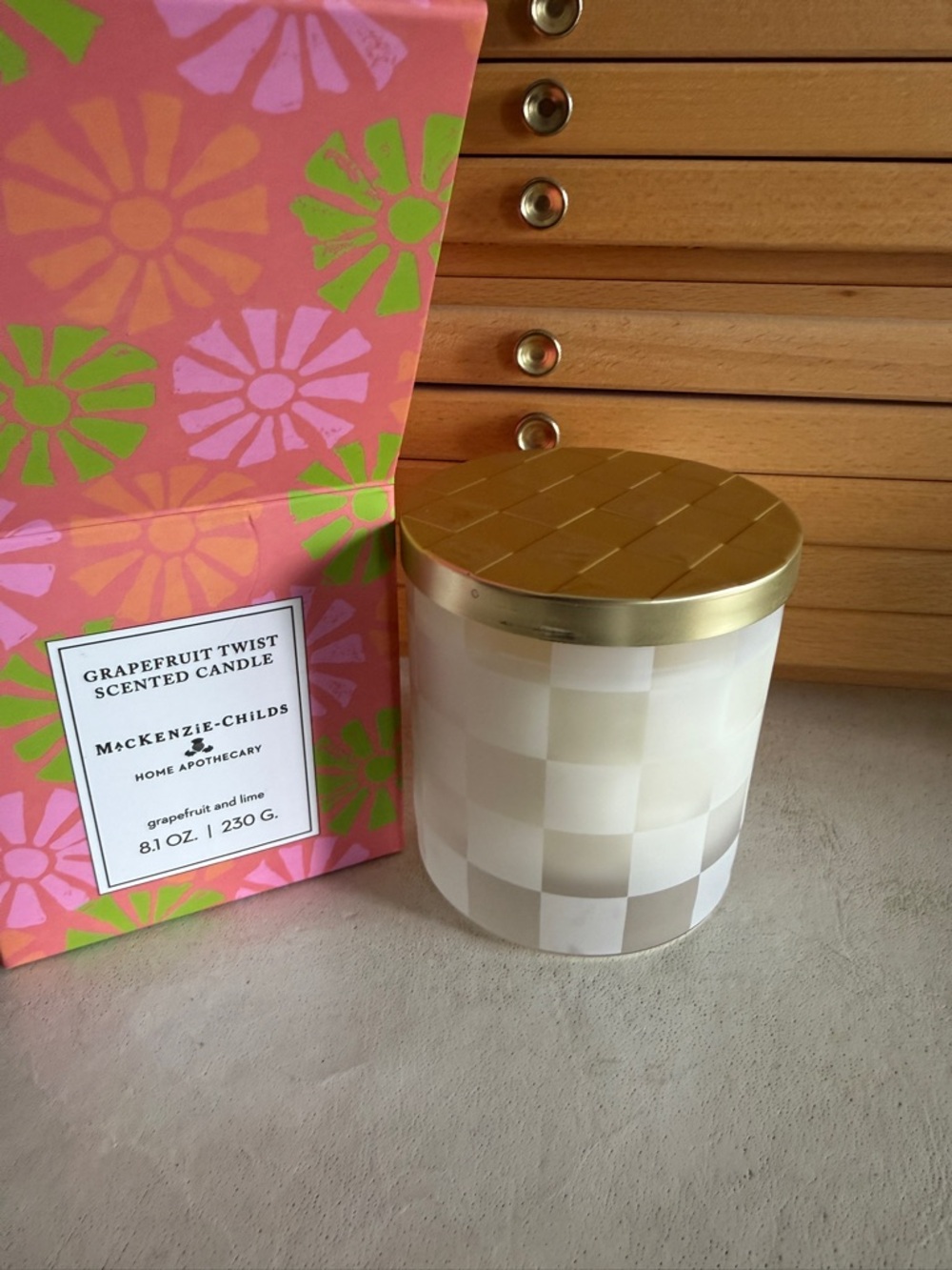 MacKenzie-Childs Grapefruit Twist Candle 8 oz New In Box Gold Lid Rare